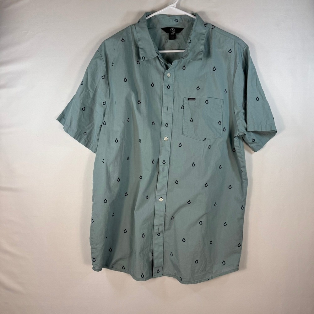 Volcom Mens XL Short Sleeve Button Down Shirt Teal Diamond Logo Print Skate